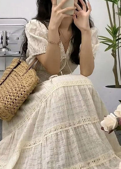 Apricot V Neck Cinched Patchwork Long Dress Short Sleeve