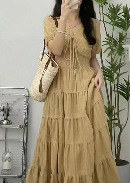 Apricot V Neck Cinched Patchwork Long Dress Short Sleeve