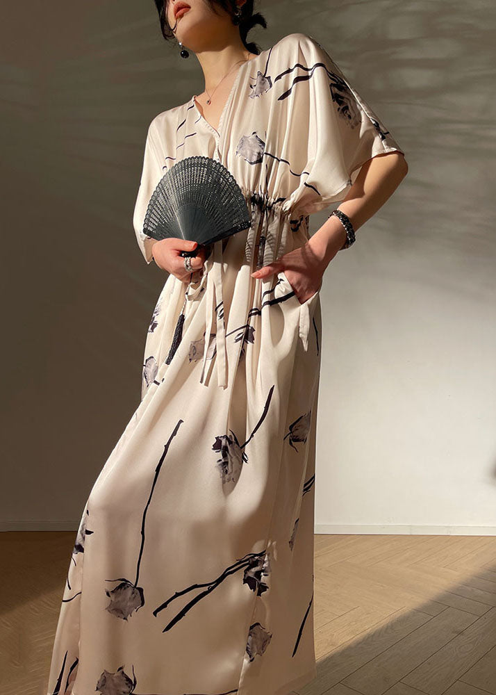 Apricot V Neck Ink Print Drawstring Silk Cinch Dresses Summer