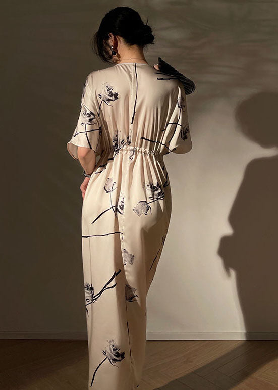 Apricot V Neck Ink Print Drawstring Silk Cinch Dresses Summer