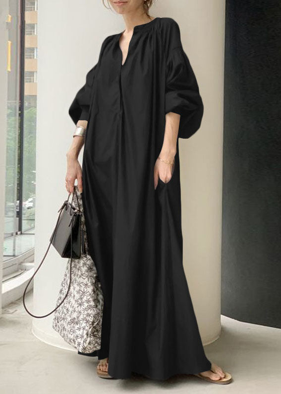 Apricot V Neck Oversized Long Dresses Lantern Sleeve