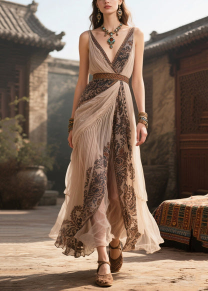 Apricot V Neck Print Chiffon Cami Dress Summer