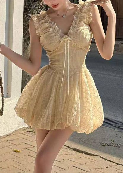 Apricot V Neck Ruffled High Waist Tulle Mini Dress Sleeveless