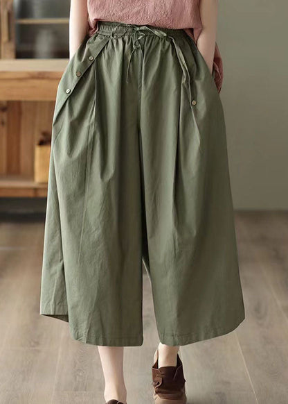Army Green Pockets Patchwork Cotton Crop Pants Summer