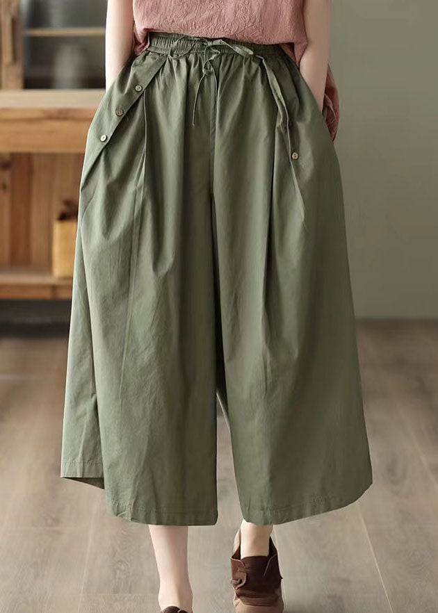 Army Green Pockets Patchwork Cotton Crop Pants Summer
