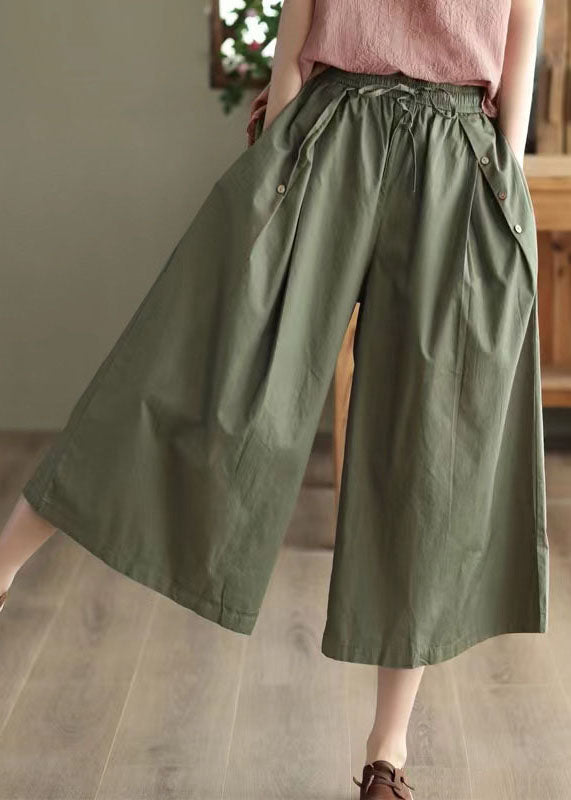 Army Green Pockets Patchwork Cotton Crop Pants Summer