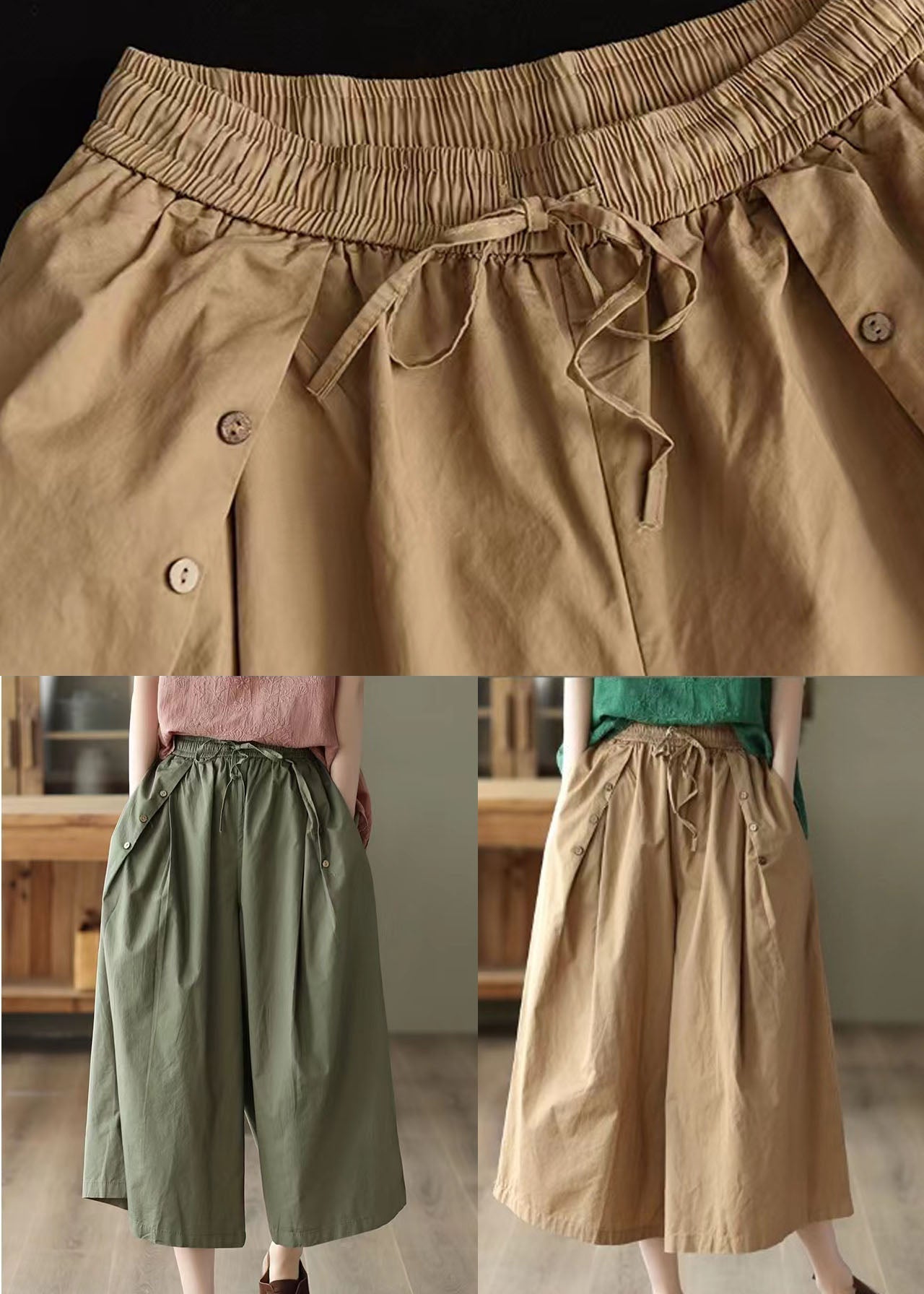 Army Green Pockets Patchwork Cotton Crop Pants Summer