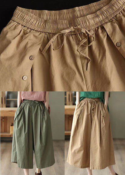 Army Green Pockets Patchwork Cotton Crop Pants Summer