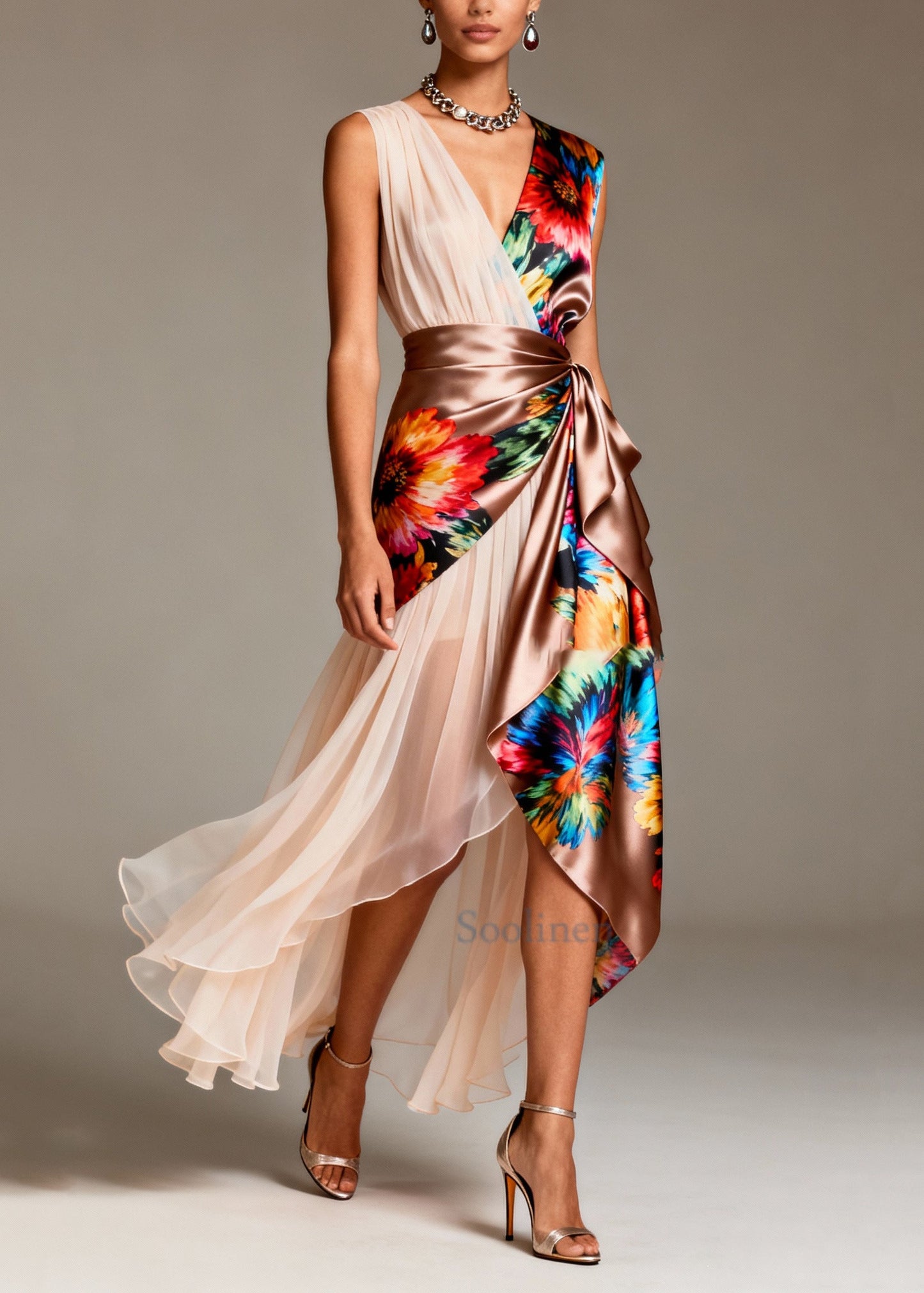 Asymmetrical Patchwork Tulle Silk Party Dresses Sleeveless