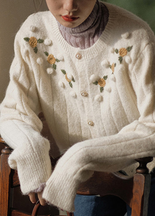 Beige Embroidered Button Patchwork Knit Coats Fall