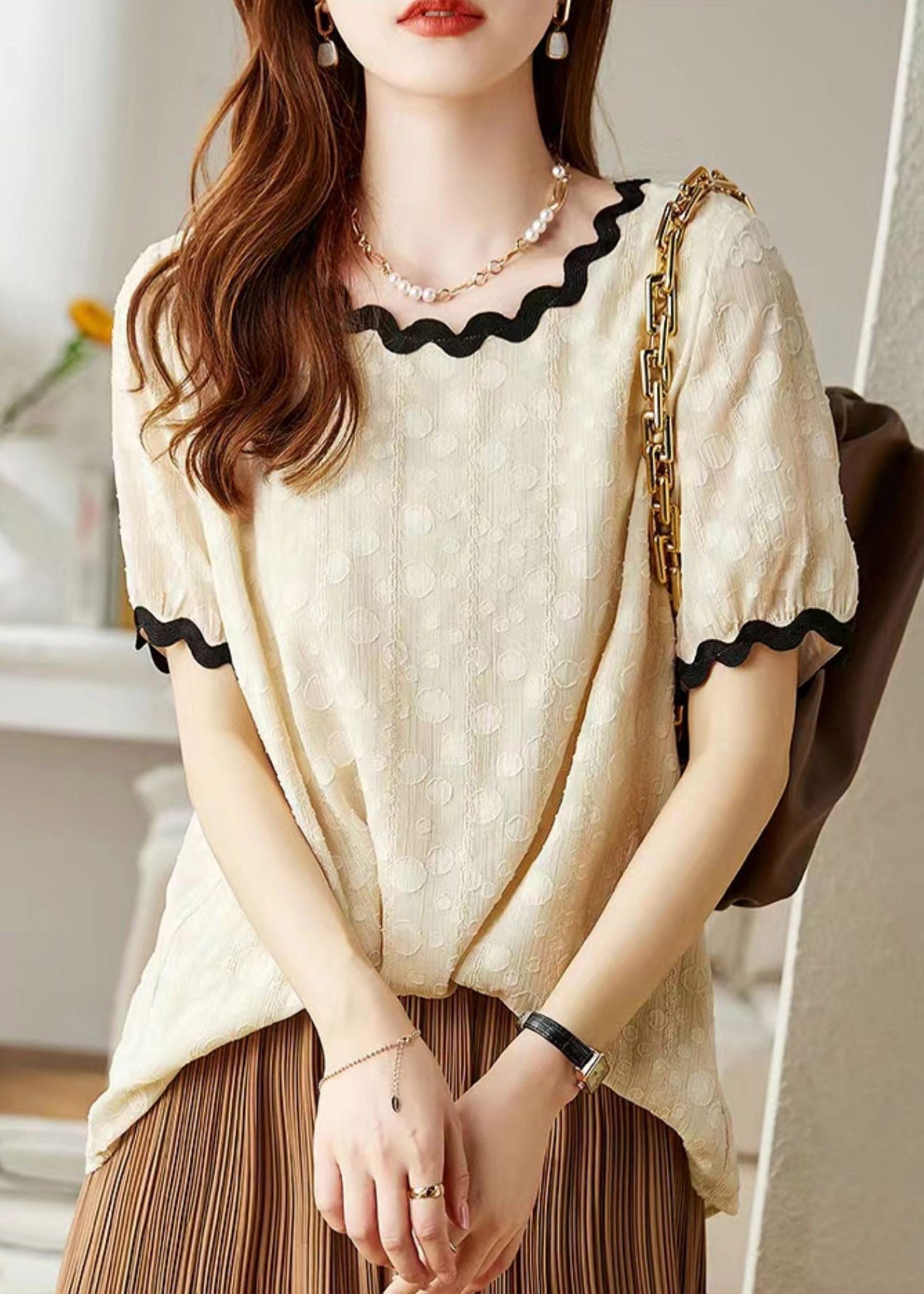Beige O-neck Chiffon T Shirts Short Sleeve