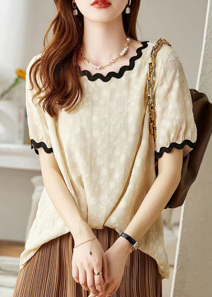 Beige O-neck Chiffon T Shirts Short Sleeve