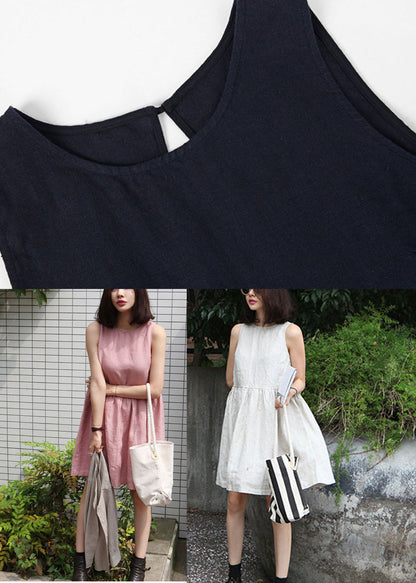 Beige O-neck Wrinkled Cotton Vacation Dress Summer