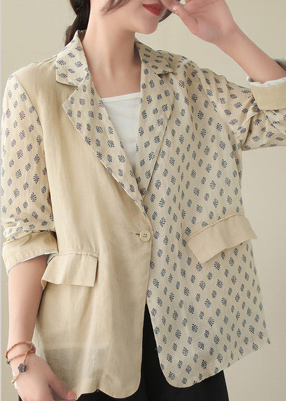 Beige Peter Pan Collar Print Ramie Coats Long Sleeve