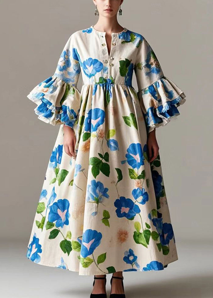 Beige Print Cotton a Line Dress Flare Sleeve