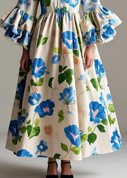 Beige Print Cotton a Line Dress Flare Sleeve