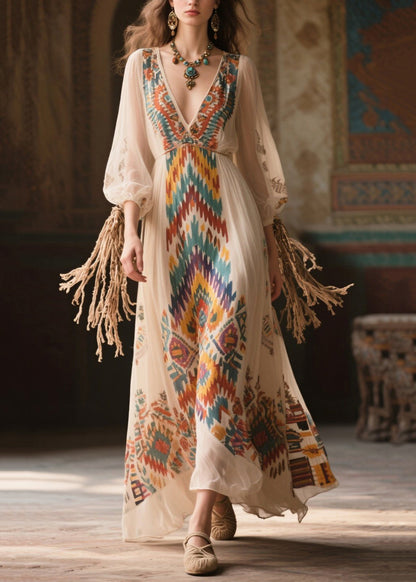 Beige Print Draping Chiffon Long Dress Bracelet Sleeve