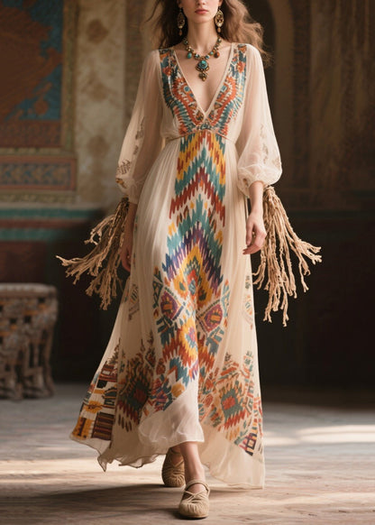 Beige Print Draping Chiffon Long Dress Bracelet Sleeve