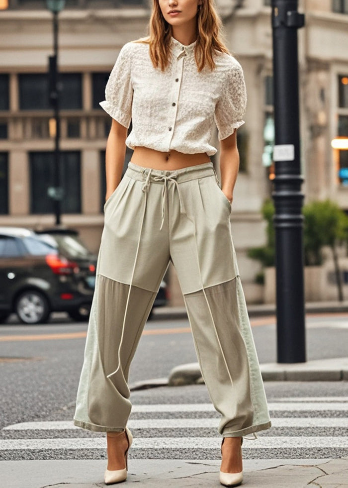 Beige Tie Waist Patchwork Chiffon Pants Spring