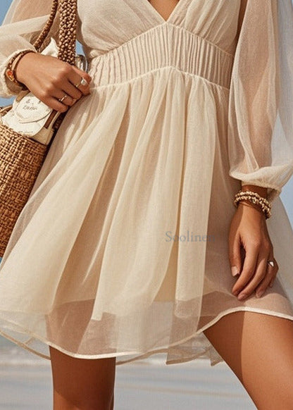 Beige V Neck Cinched Tulle Mini Dresses Summer