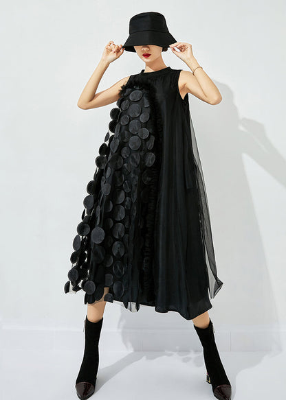Red-black Dot Asymmetrical Patchwork Wrinkled Tulle Maxi Dress Sleeveless