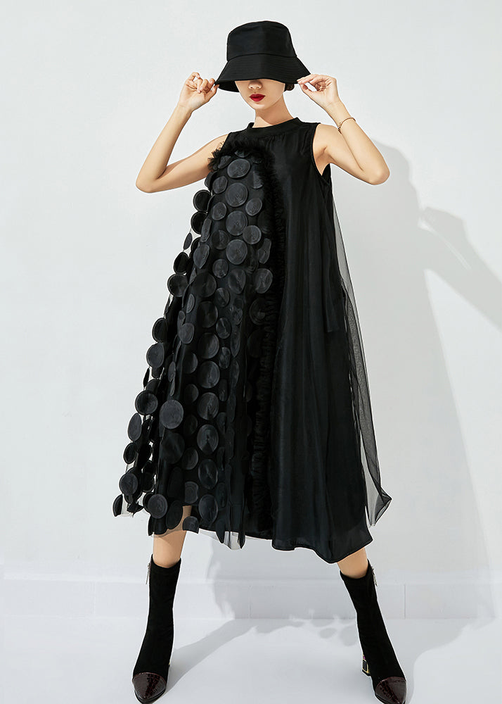 Black Asymmetrical Patchwork Wrinkled Tulle Maxi Dress Sleeveless