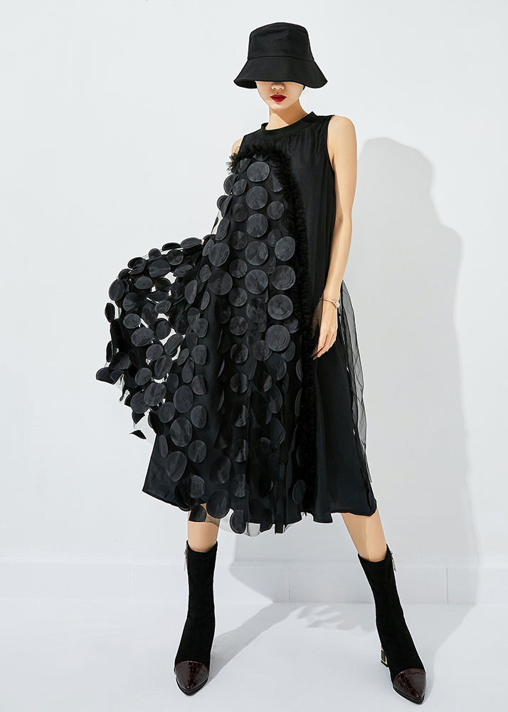 Black Asymmetrical Patchwork Wrinkled Tulle Maxi Dress Sleeveless