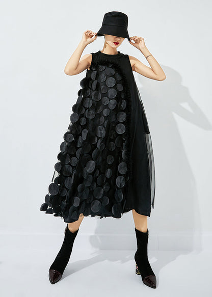 Black-khaki Dot Asymmetrical Patchwork Wrinkled Tulle Maxi Dress Sleeveless