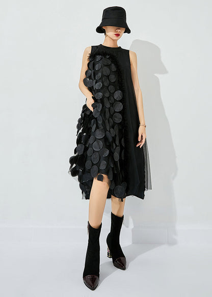 Red-black Dot Asymmetrical Patchwork Wrinkled Tulle Maxi Dress Sleeveless