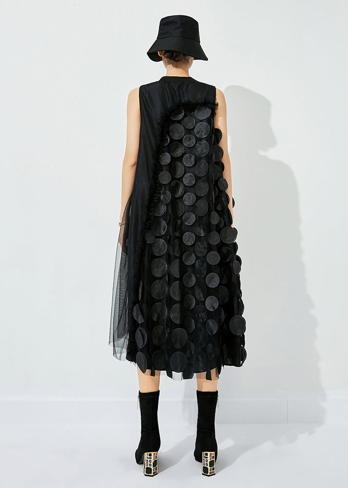 Black-green Dot Asymmetrical Patchwork Wrinkled Tulle Maxi Dress Sleeveless