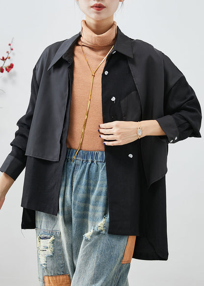 Black Asymmetrical Patchwork Back Open Cotton Jackets Fall