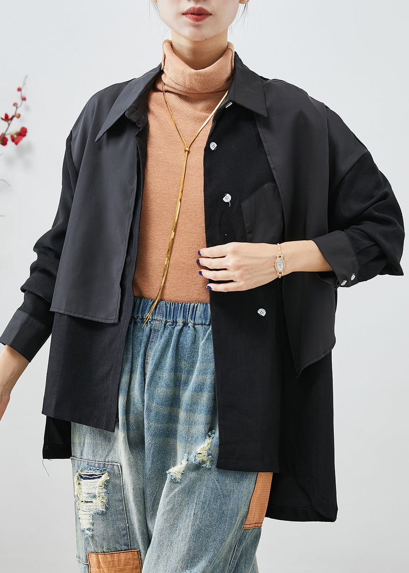 Black Asymmetrical Patchwork Back Open Cotton Jackets Fall