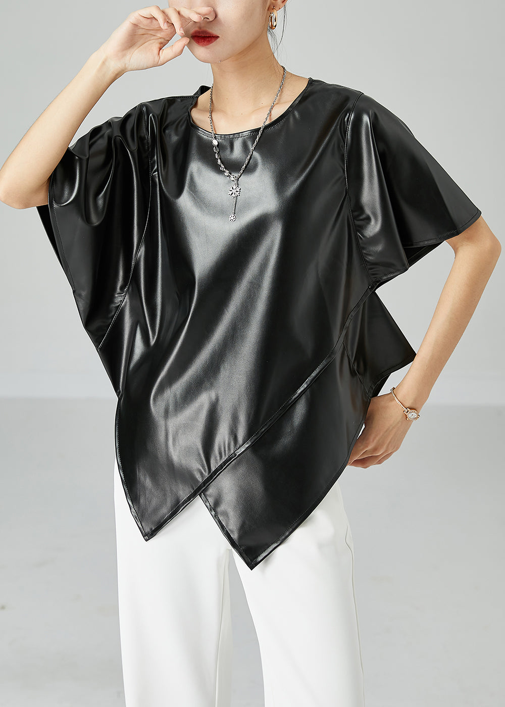 Black Asymmetrical Patchwork Leather Tanks Short Sleeve