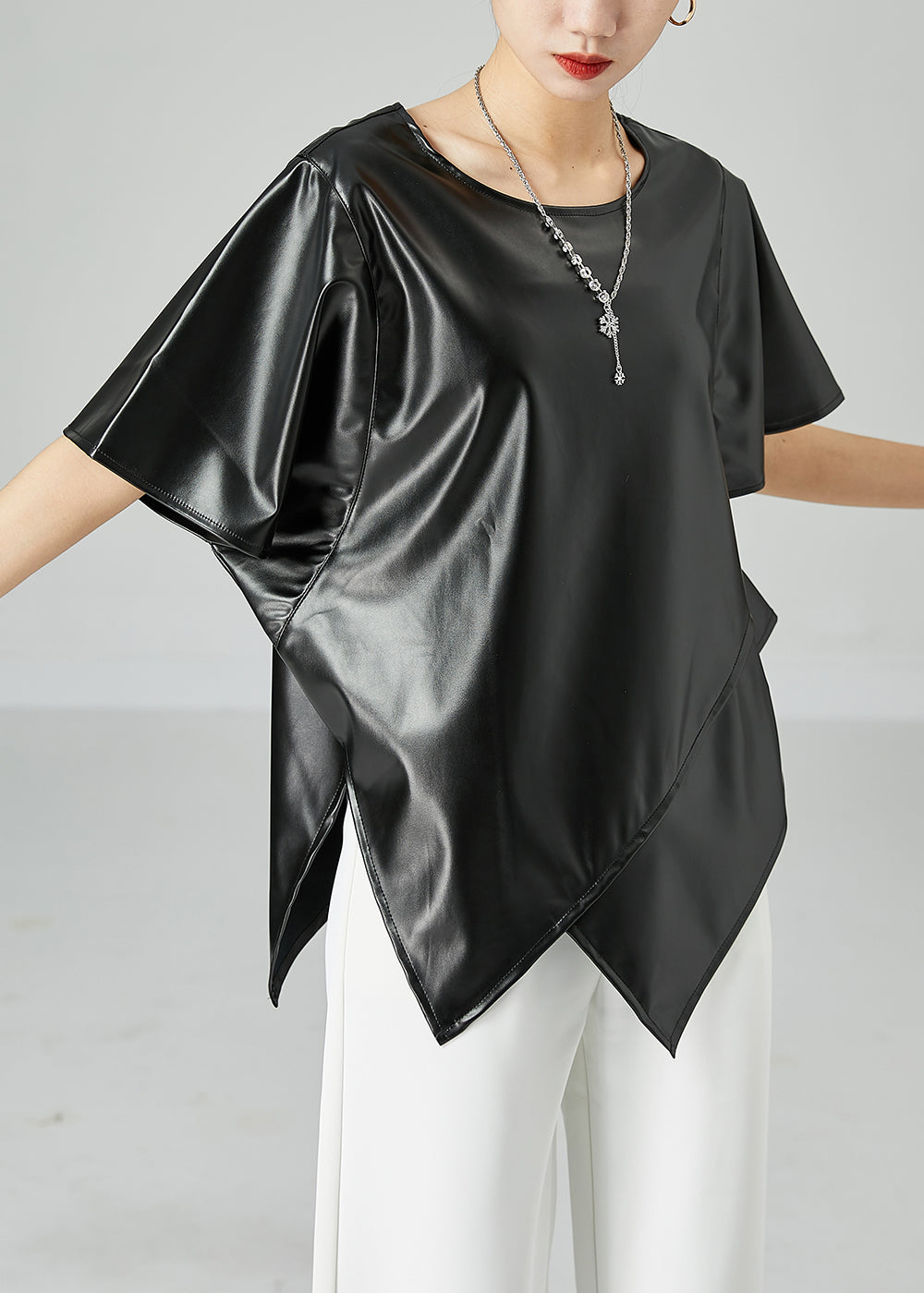 Black Asymmetrical Patchwork Leather Tanks Short Sleeve