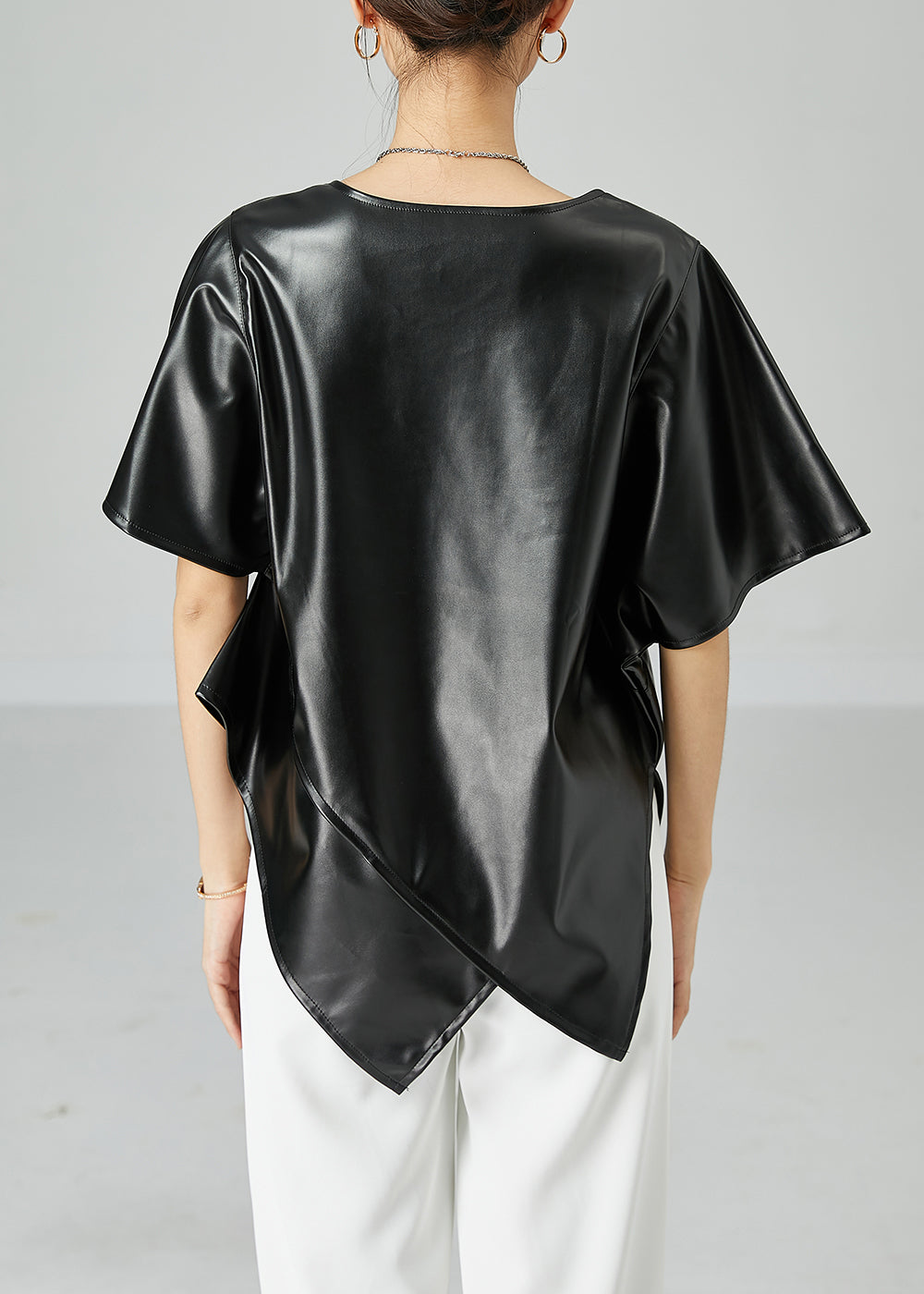 Black Asymmetrical Patchwork Leather Tanks Short Sleeve