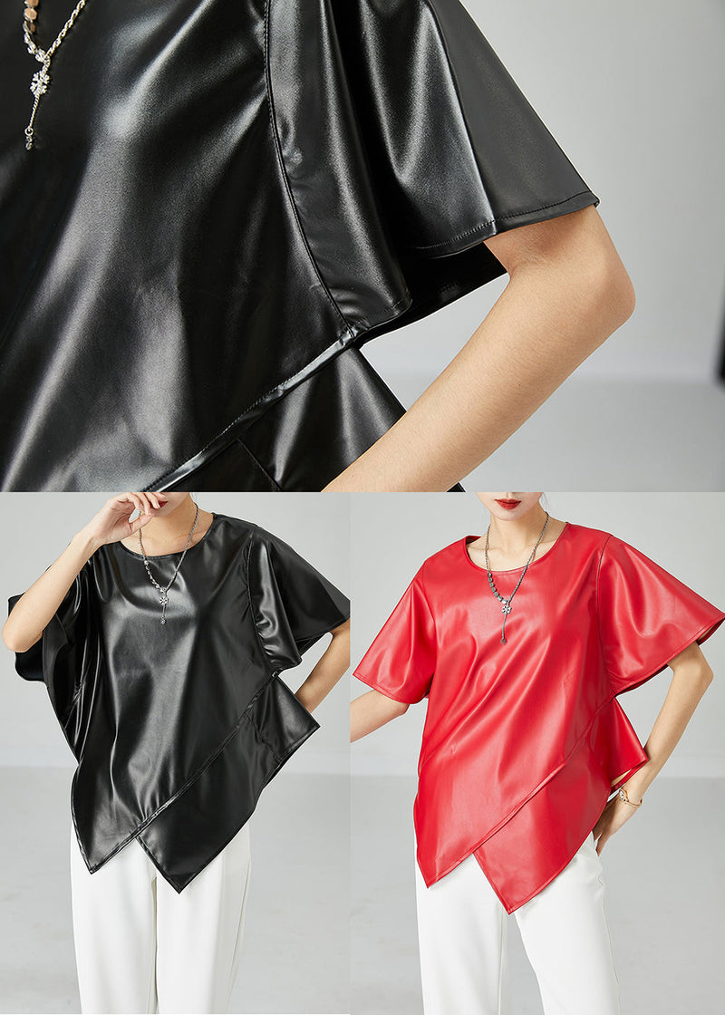 Black Asymmetrical Patchwork Leather Tanks Short Sleeve