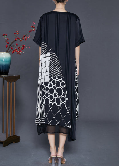 Black Asymmetrical Patchwork Silk Maxi Dresses Summer