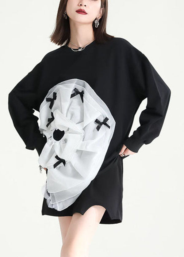 Black Asymmetrical Patchwork Tulle Applique Cotton Sweatshirts Dress Fall