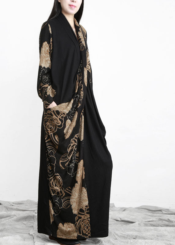 Black Bule Asymmetrical Design Pockets Cotton Dress Long Sleeve