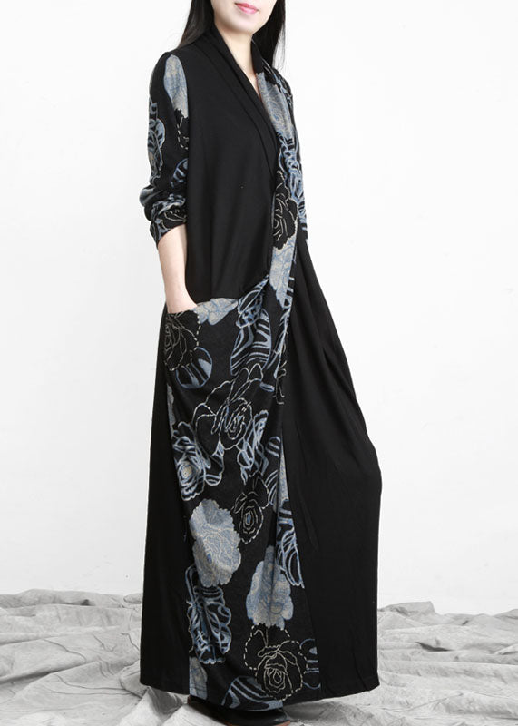 Black Bule Asymmetrical Design Pockets Cotton Dress Long Sleeve