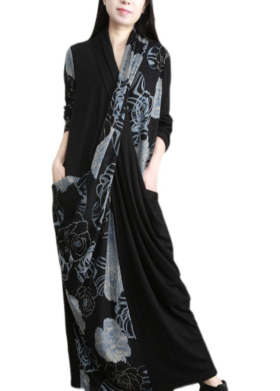 Black Bule Asymmetrical Design Pockets Cotton Dress Long Sleeve