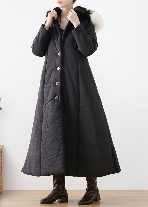 Black Button Hooded Long Parka Winter