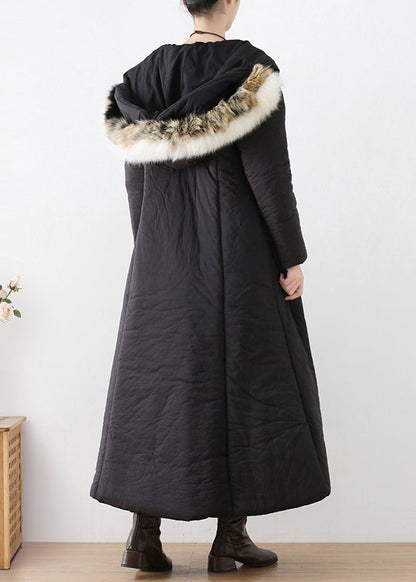 Black Button Hooded Long Parka Winter