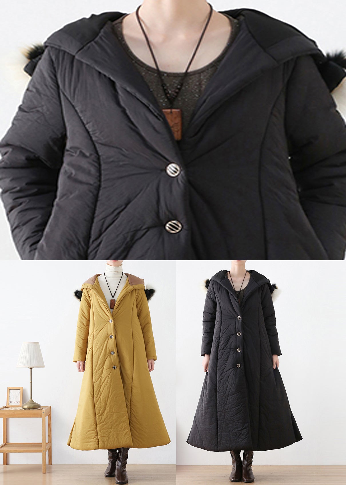 Black Button Hooded Long Parka Winter