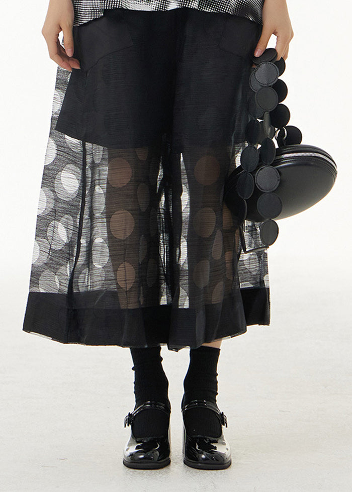 Black Dot Print Hollow Out Tulle Wide Leg Pants Summer