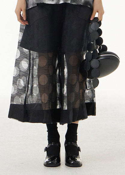 Black Dot Print Hollow Out Tulle Wide Leg Pants Summer