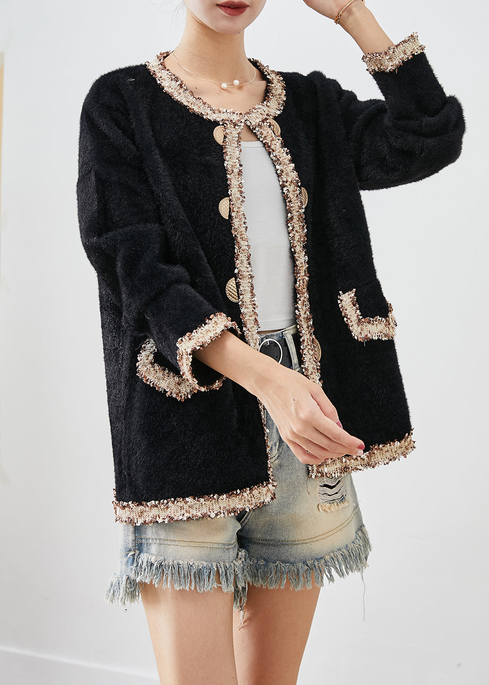 Black Double Breast Patchwork Mink Velvet Coats Fall
