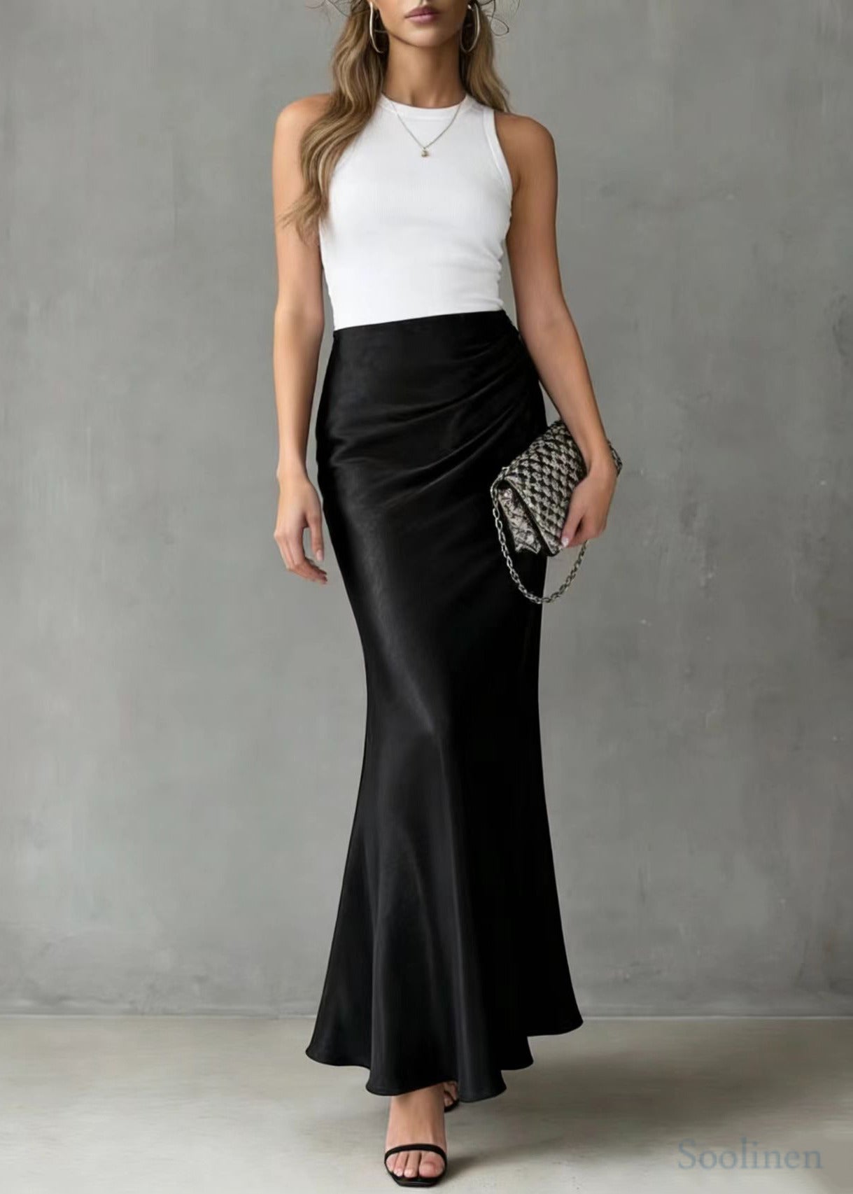 Black Elastic Waist Draping Silk Wraped Skirt Spring