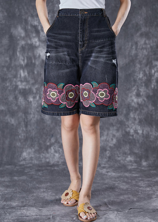 Black Elastic Waist Embroideried Denim Shorts Summer