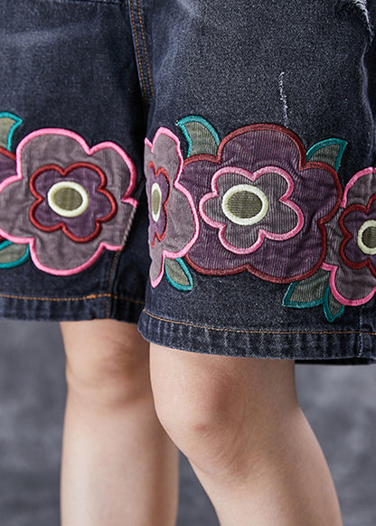 Black Elastic Waist Embroideried Denim Shorts Summer
